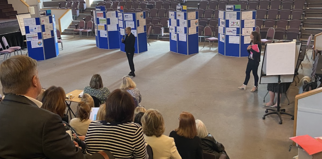 A person giving a talk in a hall, with delegates sitting down listening